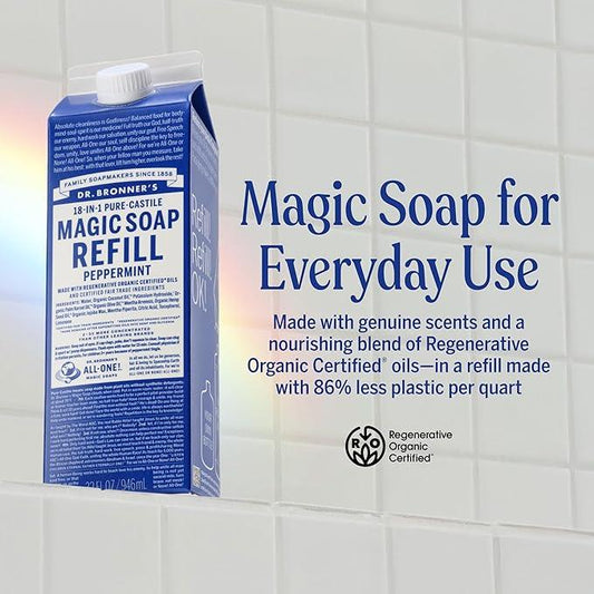 Dr. Bronner's Magic Soap-Pure-Castile Liquid Refill (Peppermint, 32 ounce, 2-Pack) - Regenerative Organic Certified Oils, For Body, Hair, Laundry, Pets & Dishes, Concentrated, Vegan, Non-GMO - ModernBath