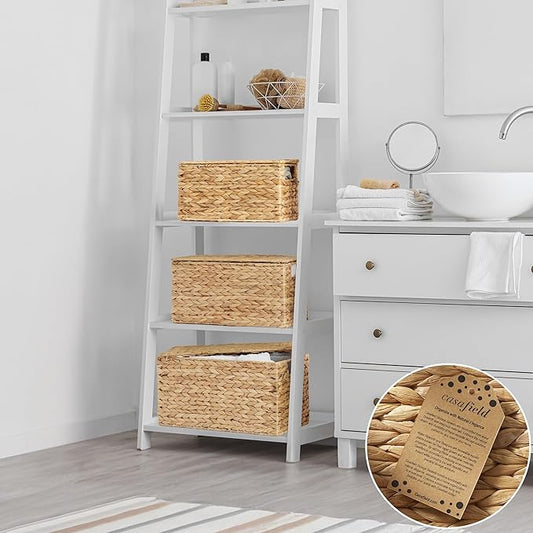 Casafield Set of 3 Water Hyacinth Storage Baskets with Lids, Natural - Small, Medium, Large Woven Nesting Bins for Bathroom, Bedroom, Closets, Shelves