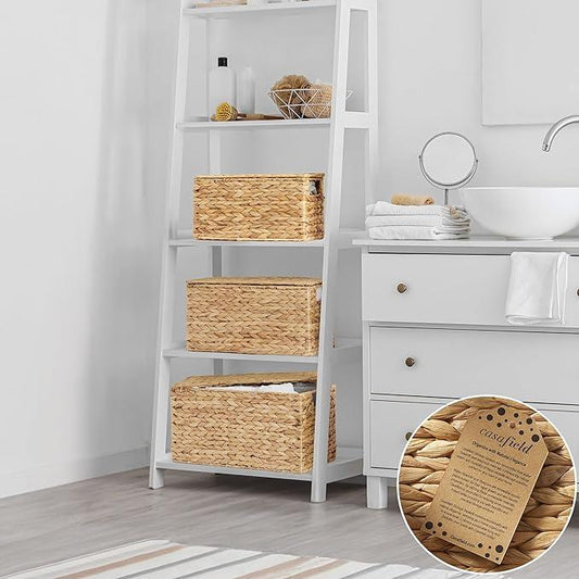 Casafield Set of 3 Water Hyacinth Storage Baskets with Lids, Natural - Small, Medium, Large Woven Nesting Bins for Bathroom, Bedroom, Closets, Shelves - ModernBath