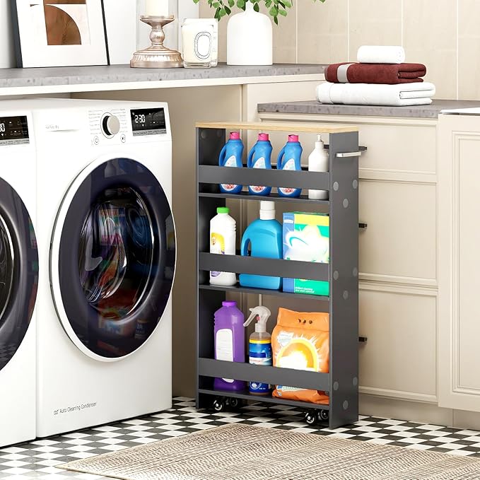 Small Kitchen Cart, 4-Tier Slim Rolling Island w/Handle, Laundry Room Storage Organizers Between Washer and Dryer, Narrow Spice Rack on Wheels Next to Fridge (Gray, 5'')