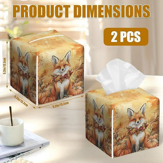 Autumn Fox Pumpkin Tissue Box Cover 2PCS, Leather Tissue Box Holder Square Facial Paper Case Tissue Box Cube Organizer for Bathroom Bedroom Desk Office - ModernBath