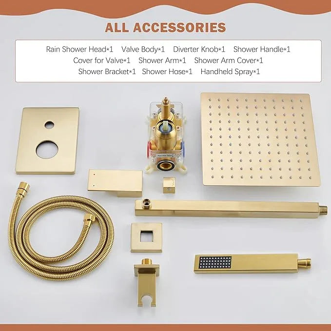 HoliSpa Shower System, Gold Shower Faucet Set with 12-Inch Rain Showerhead and Handheld Spray, Wall Mounted High-Pressure Showerhead Combo Set Included Valve and Trim, Brushed Gold - ModernBath