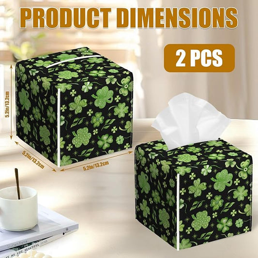 Green Clover Shamrock Tissue Box Cover 2PCS, St.Patrick's Leather Tissue Box Holder Square Facial Paper Case Tissue Box Cube Organizer for Bathroom Bedroom Desk Office