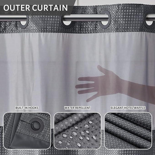 Furlinic Waffle Weave No Hook Shower Curtain with Snap in Liner,Heavy Duty Fabric Bathroom Curtain with See Through Window & Weighted Magnets,Waterproof & Machine Washable,Dark Grey,71x78 Inch - ModernBath