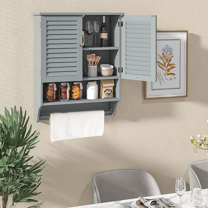 Giantex Medicine Cabinet with 2 Louvered Doors, 3-Position Adjustable Shelf, Towel Bar, Wall Mounted Bathroom Cabinet Above Toilet, Over The Toilet Space Saver (Grey) - ModernBath