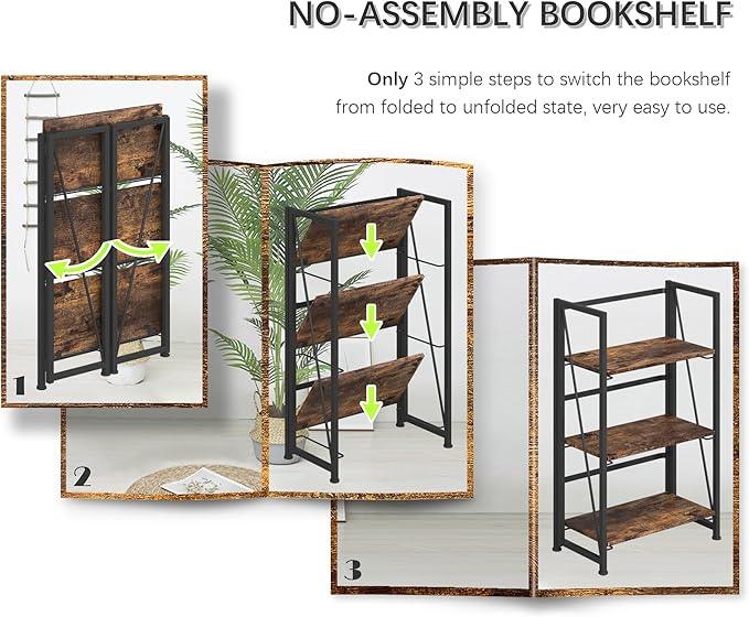 4NM No Assembly Folding Bookshelf Storage Shelves 3 Tiers Vintage Bookcase Standing Racks Study Organizer Home Office (Rustic Brown Black) - ModernBath