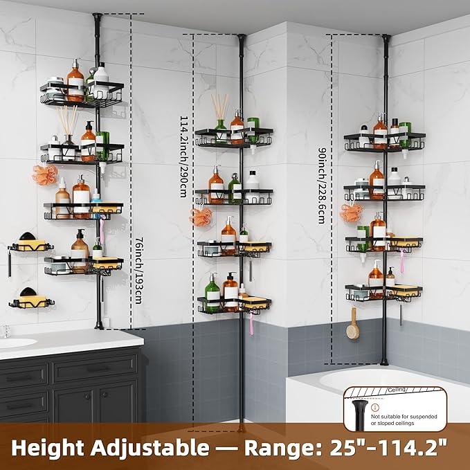 KEGII Shower Caddy Corner Tension Pole with 2 Suction Cup Soap Dishes, Rustproof 4-Tier Adjustable Bathroom Organizer, No-Drill Shower Storage Rack for, Fits 25–114.2 Inch, Black - ModernBath