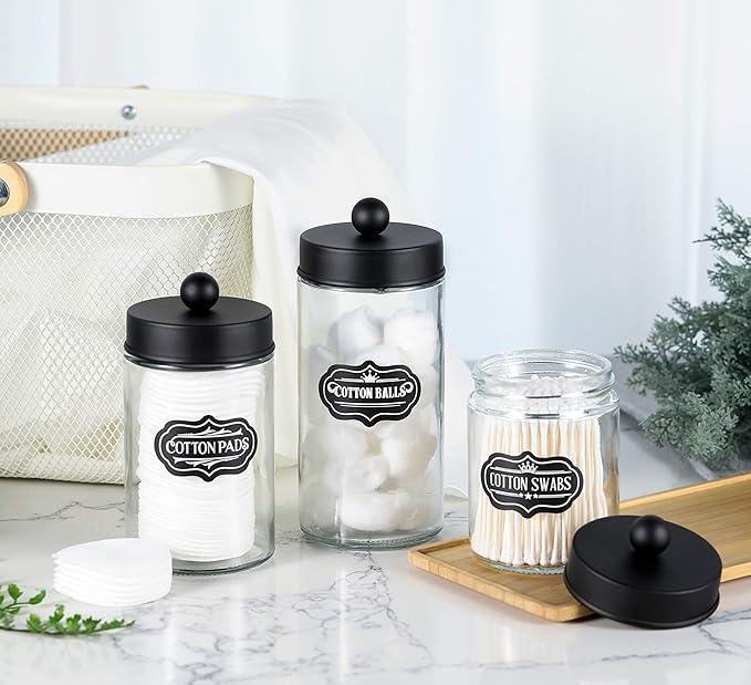 Apothecary Jars 3 Pack - Glass Bathroom Containers with Stainless Steel Lids - Rustic Farmhouse Decor Bathroom Accessories, Vanity Organizer Apothecary Jars for Qtip/Cotton Balls (Matte Black) - ModernBath