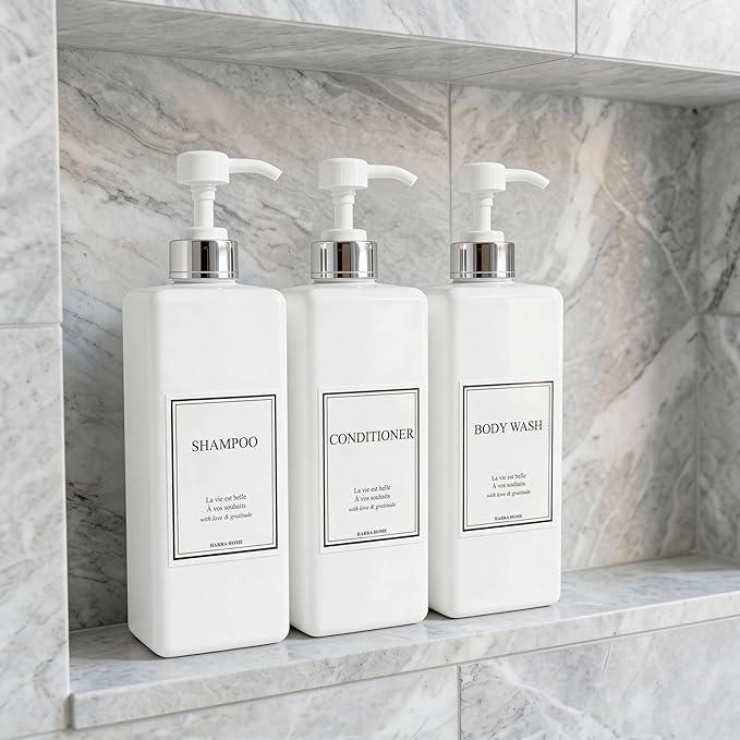 Shampoo and Conditioner Dispenser - Modern Design Large 27oz Shower Soap Dispenser Set of 3, Refillable Empty Plastic Pump Bottles for Bathroom, 6 Waterproof Labels Included, White & Silver - ModernBath