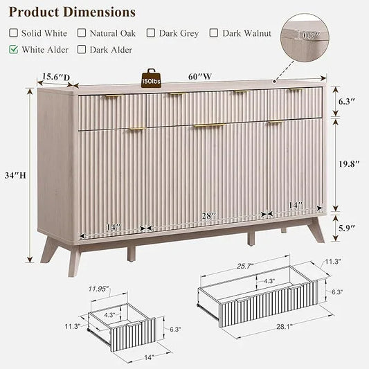 OKD Fluted Storage Cabinet with Drawers, 60" Morden Buffet Sideboard Coffee Bar Cabinet with 4 Doors and 3 Drawers for Dining Room, Living Room,Hallway (White Alder) - ModernBath