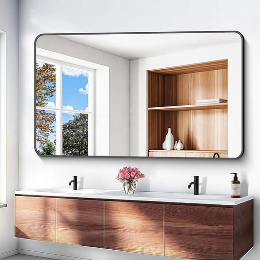 BONEWEI 60x36 inch Large Bathroom Mirror,Black Rectangle Mirror,Wall Mounted Bathroom Frame Vanity Mirror with Round Corner for Bedroom Living Room, Entryway Hangs Horizontal or Vertical - ModernBath