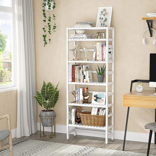 Homykic 6-Tier Bamboo Bookshelves and Bookcases, Adjustable 63.4”Tall Shallow Book Shelf Organizer Rack, Freestanding Storage Shelving Unit for Living Room, Kitchen, Bathroom, Office, White - ModernBath