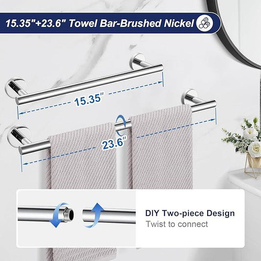 5 Pieces Bathroom Hardware Set, 23.6-inch+15.35-inch Bathroom Towel bar SUS304 Stainless Steel Bathroom Towel Bar Set Polished Chrome - ModernBath