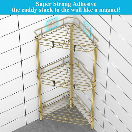 3 Tier Floor Standing Corner Shower Caddy Organizer Shelf with Hooks, Bathroom Shelves Stand Rack, Gold - ModernBath