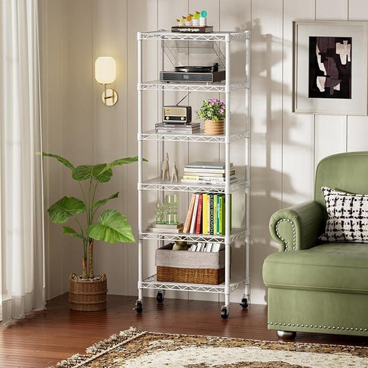 SINGAYE 6 Shelves Storage Shelf Wire Closet Bathroom Organizers Metal Pantry Kitchen Small Garage Shelving Unit Laundry Room Organization Home Narrow Rack Net Basket with Wheels White - ModernBath