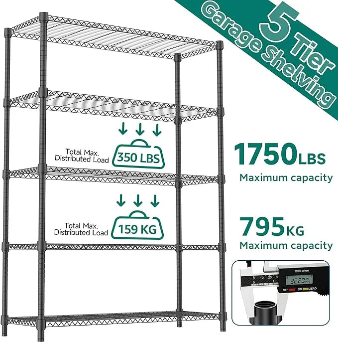5 Tiers Shelf 1750 lbs Steel Storage Shelving Utility Shelving Unit Steel Organizer Wire Rack for Home,Kitchen,Office,Garage Black 17.7" D x 47.2" W x 72.4" H - ModernBath