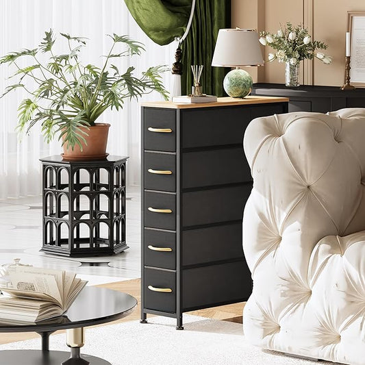 Narrow Dresser Storage Tower with 5 Drawers, Slim Dresser Chest of Drawers with Steel Frame, Wood Top, Dresser for Bedroom, Bathroom, Small Spaces, Laundry, Closet, Black