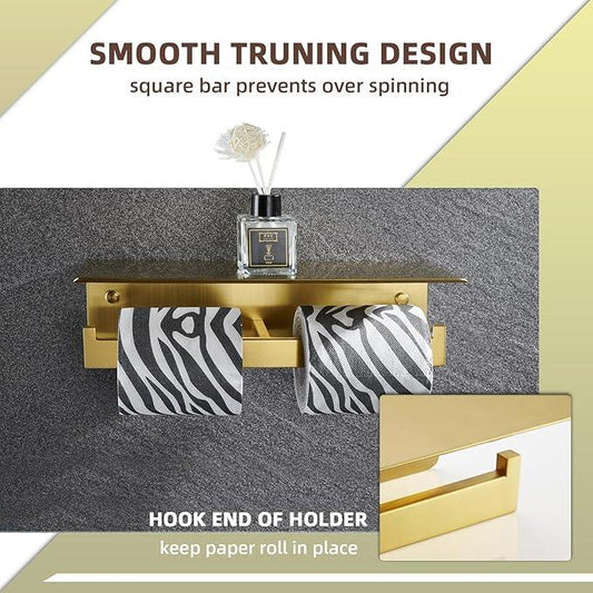 Angle Simple Toilet Paper Holder with Shelf Brushed Gold, 304 Stainless Steel Double Toilet Tissue Holder for Wall - ModernBath