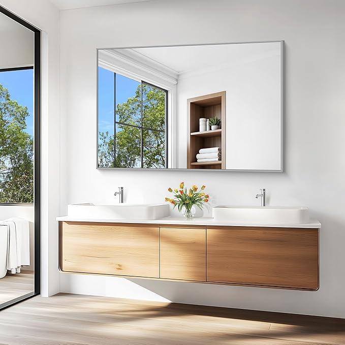 KOCUUY Silver Bathroom Mirror, 55"x36" Large Rectangle Bathroom Mirror for Wall, HD Tempered Glass, Anti-Rust Brushed Silver Frame, Modern Design for Bathroom, Bedroom, Hang Horizontal/Vertical - ModernBath