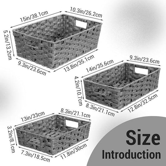 Ferrochef Set of 3 Large Wicker Storage Baskets for Shelves, Wicker Basket for Organizing, Waterproof Woven Baskets for Shelves and Pantry, Toilet, Bathroom, Bedroom, Patio(Gray) - ModernBath