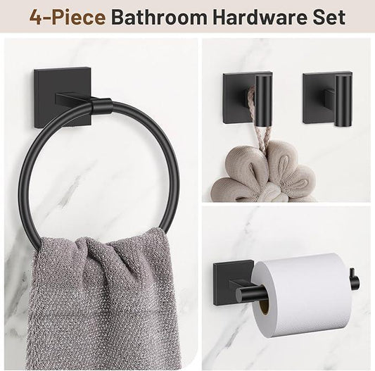 Towel Ring Set 4 Piece Bathroom Hardware Set Includes Towel Ring 2 Towel Hooks and Toilet Paper Holder Stainless Steel Wall Mounted (Matte Black) - ModernBath