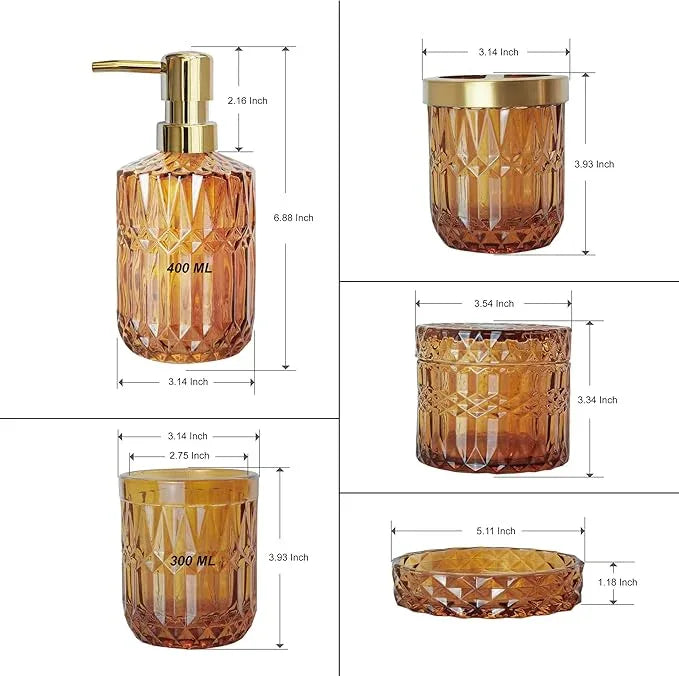 LaMarriti Amber Bathroom Accessories Set, 5Pcs Clear Glass Bathroom Sets, Hand Soap Dispenser, Soap Dish, Toothbrush Holder Set, Qtips Holder for Crystal Vintage Bath Decor, Set - ModernBath