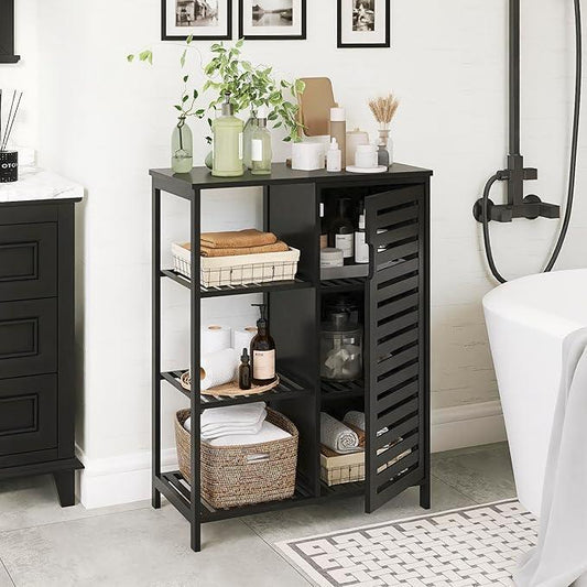 HITNET Black Bathroom Cabinet, Freestanding Storage Cabinet Bamboo Kitchen Floor Cupboard with Door and Shelf, Space Saving Side Storage Organizer for Living Room Bedroom Home Office - ModernBath