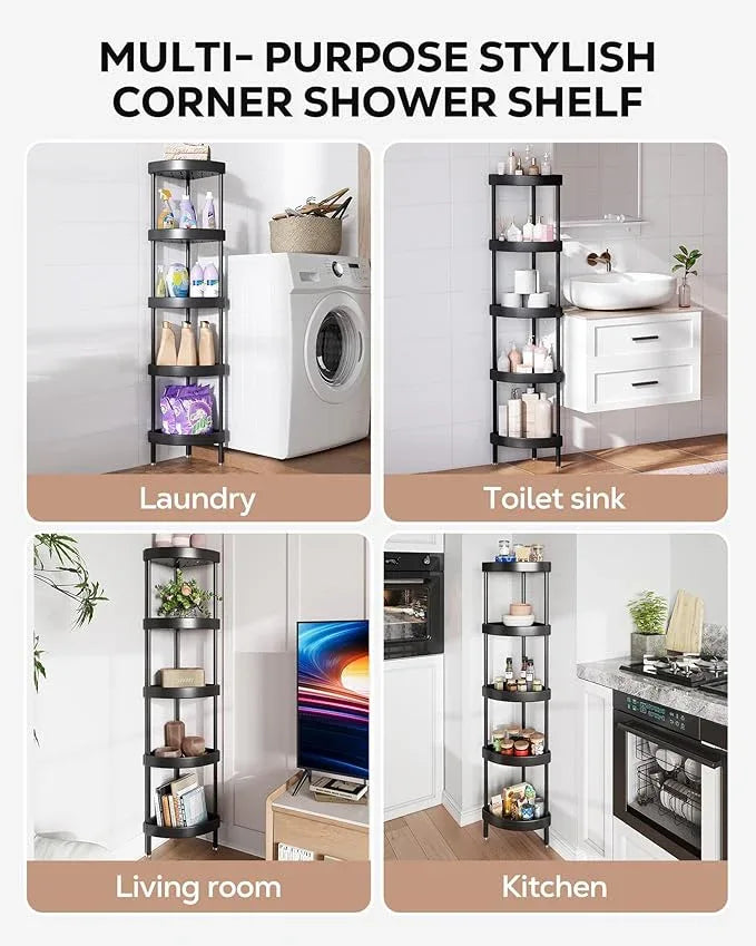 Nieifi Corner Shower Caddy Stand-5 Tier Rustproof Anodized Aluminum Standing Shower Organizer-Shower Caddy Corner-Dual Stability to Anti-Shaking-Height-Adjustable Legs for Uneven Surfaces-Black - ModernBath