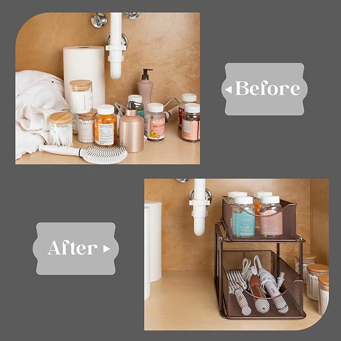 Sorbus 2 Tier Metal Under Sink Organizer for Bathroom, Kitchen, Strong Steel Mesh Sliding Drawers for Under Sink, Under Cabinet, Closet, Kitchen, Pantry, Bathroom Organizers and Storage (Brown) - ModernBath