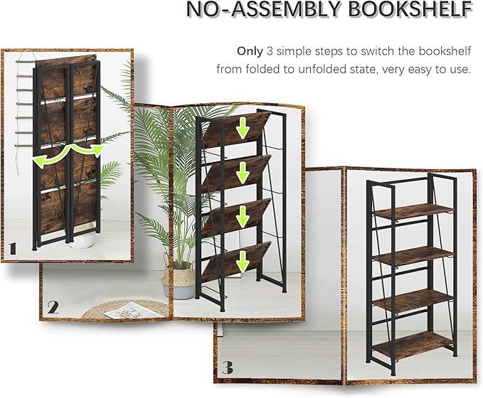 4NM No Assembly Folding Bookshelf Storage Shelves 4 Tiers Vintage Bookcase Standing Racks Study Organizer Home Office (Rustic Brown Black) - ModernBath
