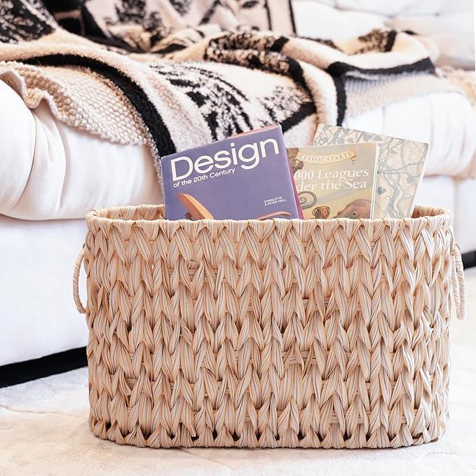 PINXIURY Toilet Paper Storage Basket, Bathroom Toilet Organizer with Strap Handle, Woven Toilet Paper Holder for 6 Mega Rolls, Bathroom Storage, Magazine Holder for Office, Bedroom, Buttermilk - ModernBath