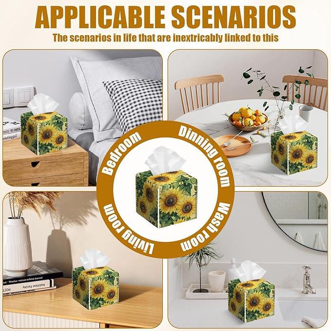 Watercolor Sunflower Tissue Box Cover 2PCS, Leather Tissue Box Holder Square Facial Paper Case Tissue Box Cube Organizer for Bathroom Bedroom Desk Office - ModernBath
