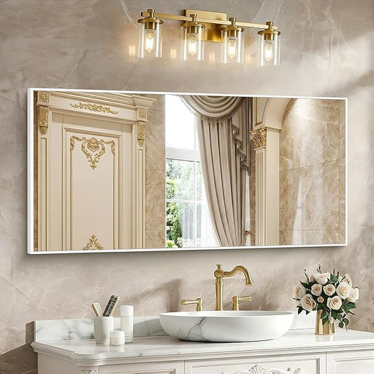 BONEWEI White Bathroom Mirror,24x48 inch Wall Mirror for Bathroom Wall Mounted,Rectangle Mirror for Bathroom Over Sink,Modern Metal Frame for Living Room,Bedroom Entryway,Horizontal/Vertical