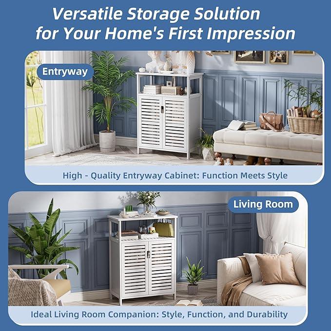 HITNET White Bathroom Cabinet, Bamboo Storage Cabinet Freestanding, Side Tall Storage Organizer for Kitchen Living Room Entryway - ModernBath