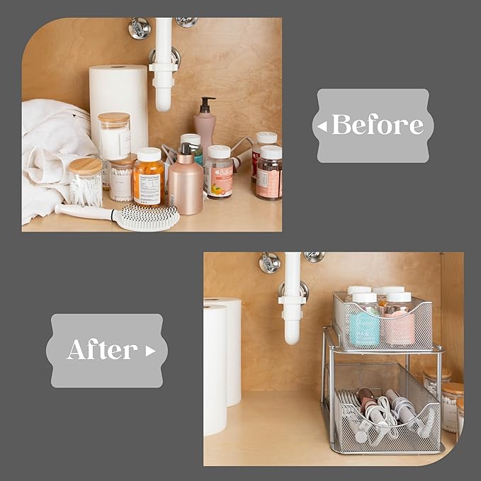 Sorbus 2 Sets of 2 Tier Metal Under Sink Organizer for Bathroom, Kitchen, Strong Steel Mesh Sliding Drawers for Under Sink, Under Cabinet, Closet, Kitchen, Pantry, Bathroom Organizers and Storage