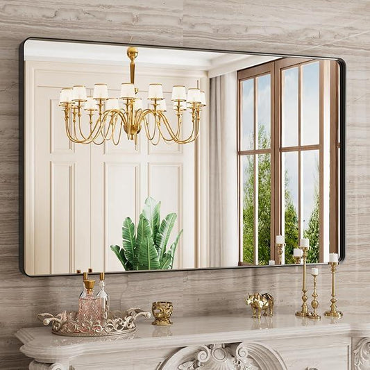 JISOSO 48X30 Inch Black Bathroom Mirror, Black Metal Framed Mirror for Wall, Rounded Rectangle Matte Bathroom Vanity Mirror with Tempered Glass, Anti-Rust, Horizontal/Vertical - ModernBath