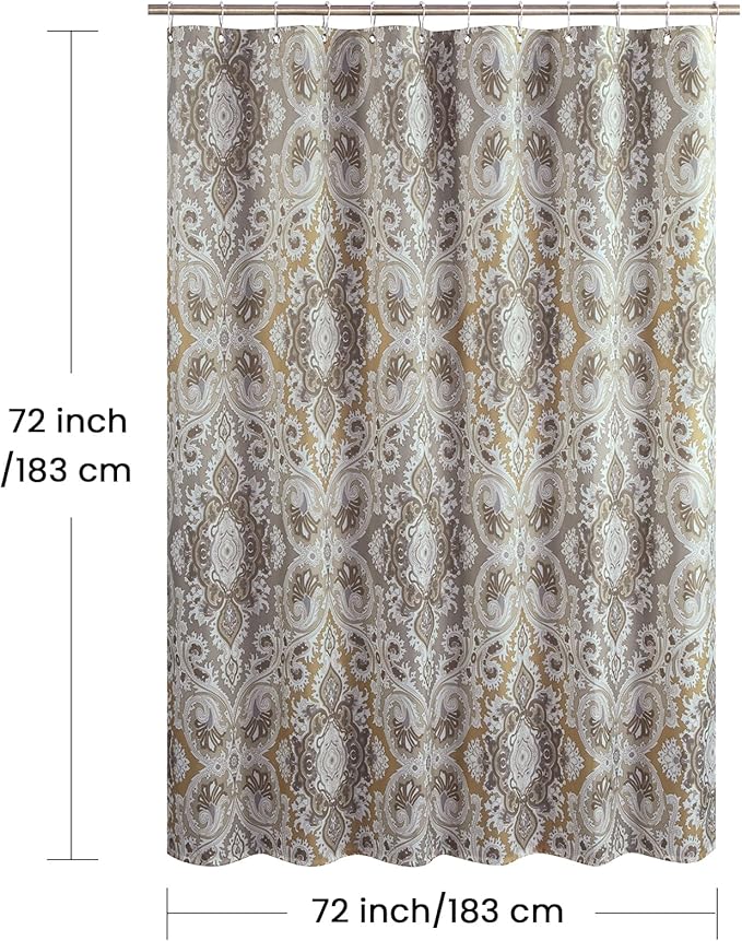 BESTRIPES Fabric Shower Curtain, Beige and Grey Printed Boho Paisley Damask Pattern Shower Curtains for Bathroom, Waterproof Bathroom Curtains, 72" W x 72" H