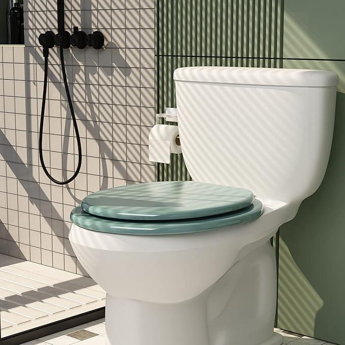 BLOFDE Round Toilet Seat Wood Toilet Seat Prevent Shifting with Zinc Alloy Hinges American Standard Size Toilet Seat Easy to Install also Easy to Clean(Round,Sparkling Turquoise) - ModernBath