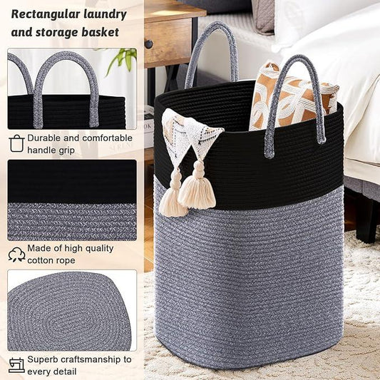 Laundry Basket,Woven Cotton Rope Laundry Hamper,Versatile Storage for Dirty Clothes,Baby Toys,and Blankets in Bathroom, Nursery,and Living Room (Black, 80L) - ModernBath
