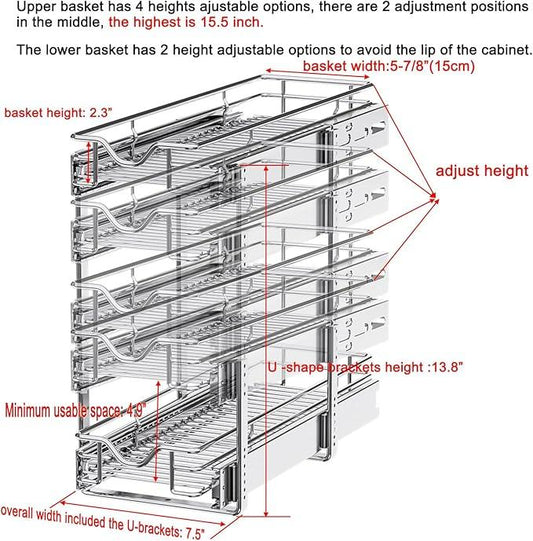 DINDON Pull Out Cabinet Organizer (7-1/2" W x 21-1/2"D), Cabinet Pull Out Shelves, 2 Tier Pull Out Drawers for Kitchen Cabinets, Wire Basket Slide Out Shelf for Cabinet Organization - ModernBath