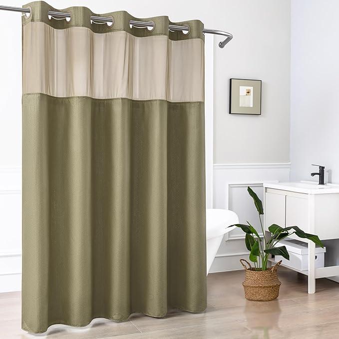 Mrs Awesome No Hook Shower Curtain with Snap-in Liner, Embossed Waffle Design Fabric Shower Curtain for Bathroom, Soft & Lightweight, 71x74, Taupe - ModernBath