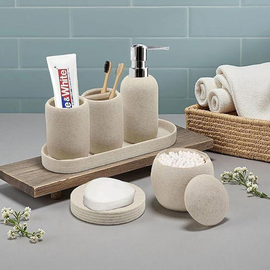 Bathroom Accessory Set, 6PCS Beige Bathroom Accessories - Soap Dish, Lotion Dispenser, Toothbrush Holder, Mouthwash Cup, Tray, Cotton Ball Jar, Aesthetic Decor Bathroom Sets - ModernBath
