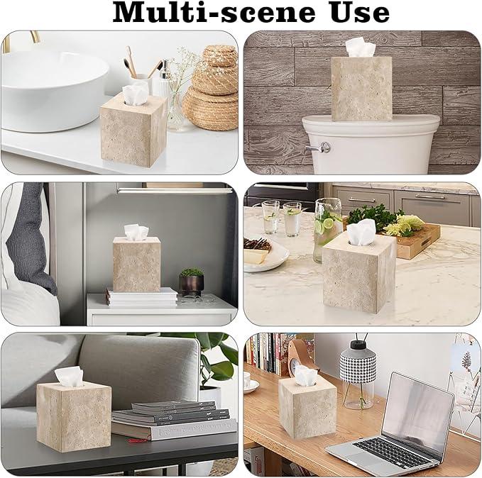 Sumnacon Square Tissue Box Cover Natural Travertine Tissue Cover with Pads, Heavy Duty Stone Tissue Box Holder,Gorgeous Tissue Holder for Toilet Bathroom Kitchen Bedroom Living Room Table,Light Beige - ModernBath