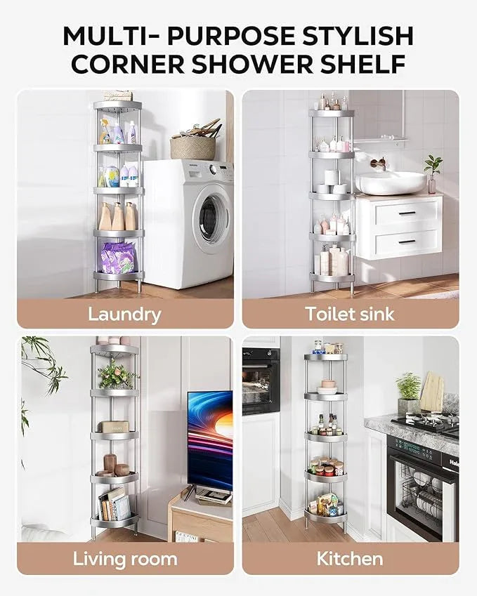 Nieifi Corner Shower Caddy Stand-5 Tier Rustproof Anodized Aluminum Standing Shower Organizer-Shower Caddy Corner-Dual Stability to Anti-Shaking-Height-Adjustable Legs for Uneven Surfaces-Silver - ModernBath