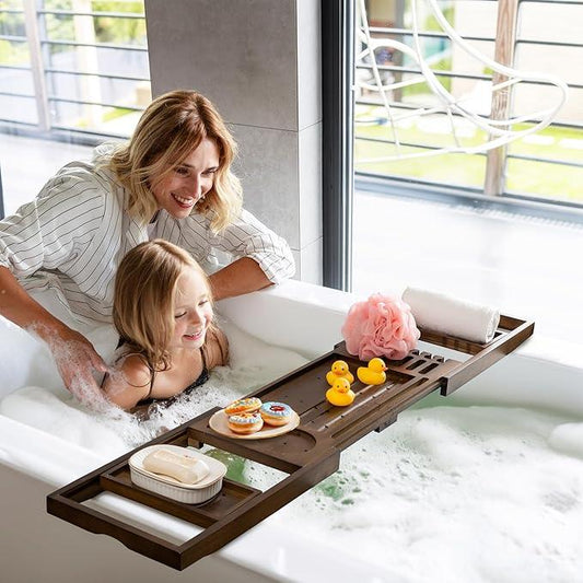 FLYJOE Wood Bathtub Tray Table - Foldable Bath Tray for Tub with Expandable Handles, Wine Glass & Phone Holder, Book Stand - Enhance Home Spa Experience with Natural TeakMaterial, Walnut - ModernBath