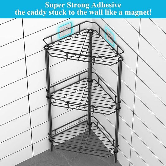 3 Tier Floor Standing Corner Shower Caddy Organizer Shelf with Hooks, Bathroom Shelves Stand Rack, Black - ModernBath