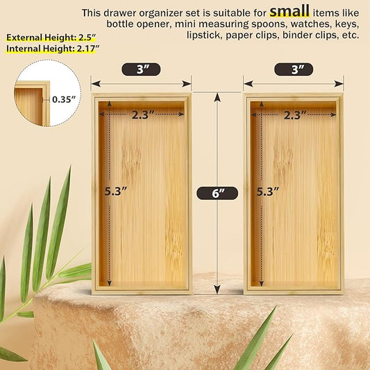 Kitchen Drawer Organizer Bins, Stackable Bamboo Deep Drawer Organizer for Silverware, Utensils, Cutlery, Flatware, Junk Drawer, Dresser, Bathroom, 6" x 3" x 2.5" (Set of 2)