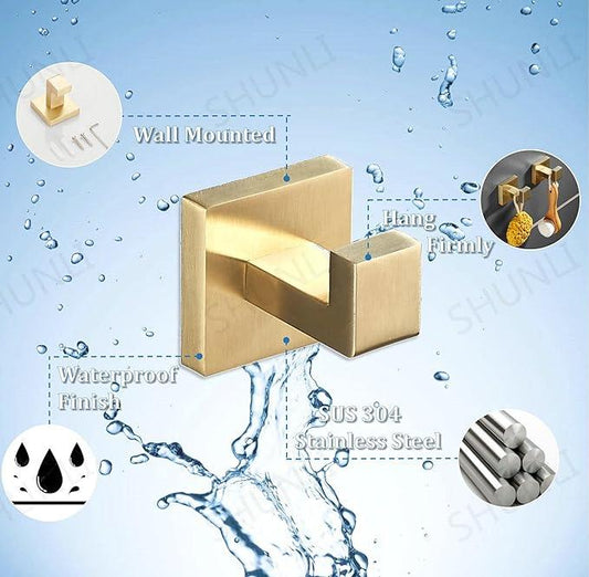 SHUNLI Brushed Gold Towel Hooks for Bathroom, 4 PCS Wall Hook Coat Robe Hook Towel Holder, Heavy Duty Bath Hook Modern Square, SUS304 Stainless Steel - ModernBath