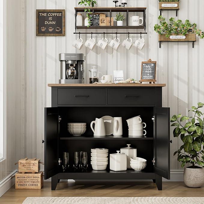 HORSTORS Kitchen Storage Cabinet, Modern Farmhouse Buffet Cabinet with Storage, Coffee Bar with 2 Drawers and 2 Doors, Floor Sideboard Buffet for Living Room, Dining Room, Bathroom, Black/Rustic Brown - ModernBath