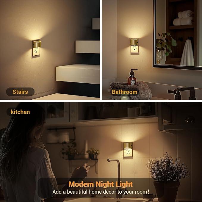 JandCase LED Night Lights Plug into Wall, 2 Pack Gold Modern Night Lights, Dusk to Dawn Sensor Nightlight,0-100LM Brightness Adjustable, 3000K Soft White - ModernBath